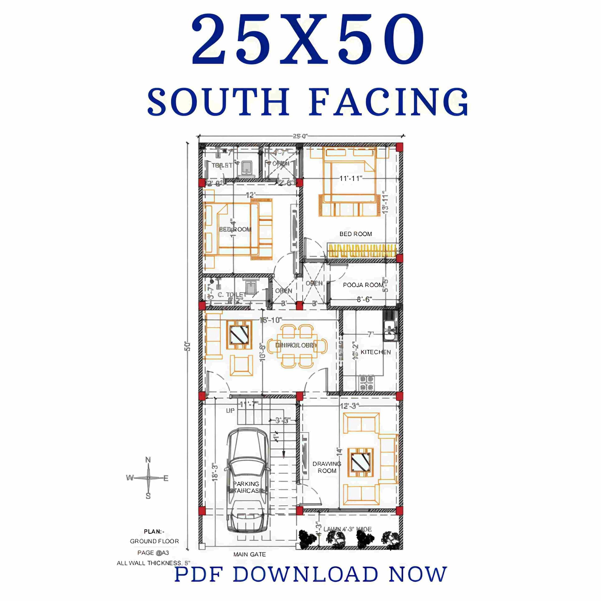 25x50 South Facing Vastu House Plan – 2BHK/3BHK PDF Download