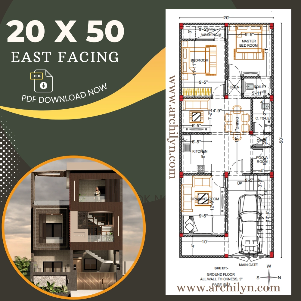 20x50 east facing duplex house plan with car parking and vastu layout